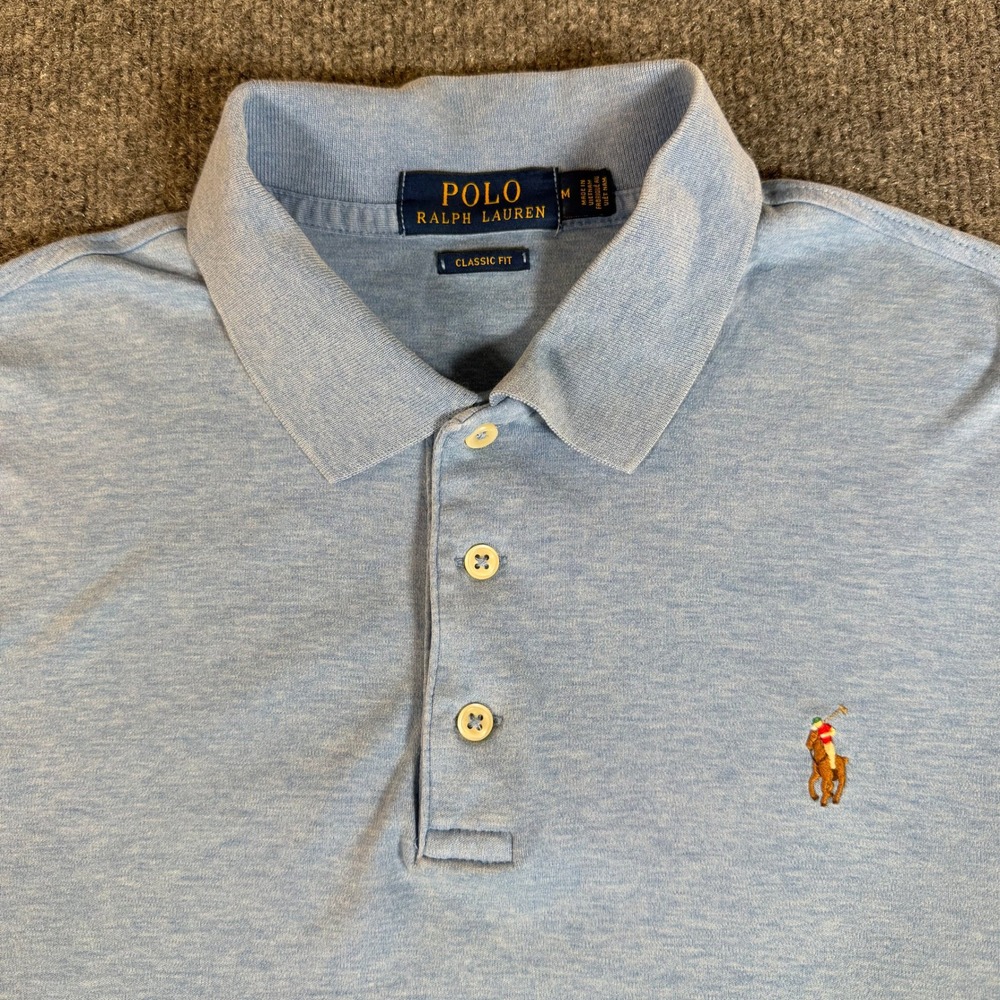 Polo Ralph Lauren Mens Classic Fit Polo Shirt Light Blue Heather Cotton M #3627